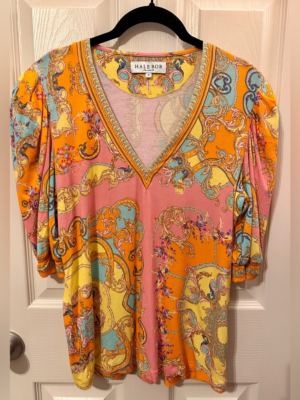 Hale Bob V-Neck Paisley Print Top in Pink, Orange & Yellow. EUC